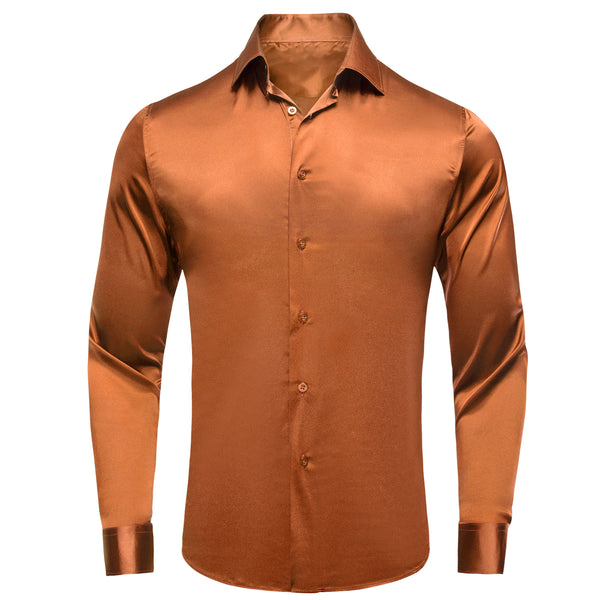 Brown Golden Solid Satin Men's Long Sleeve Shirt