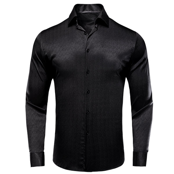 New Black Solid Silk Men's Long Sleeve Shirt
