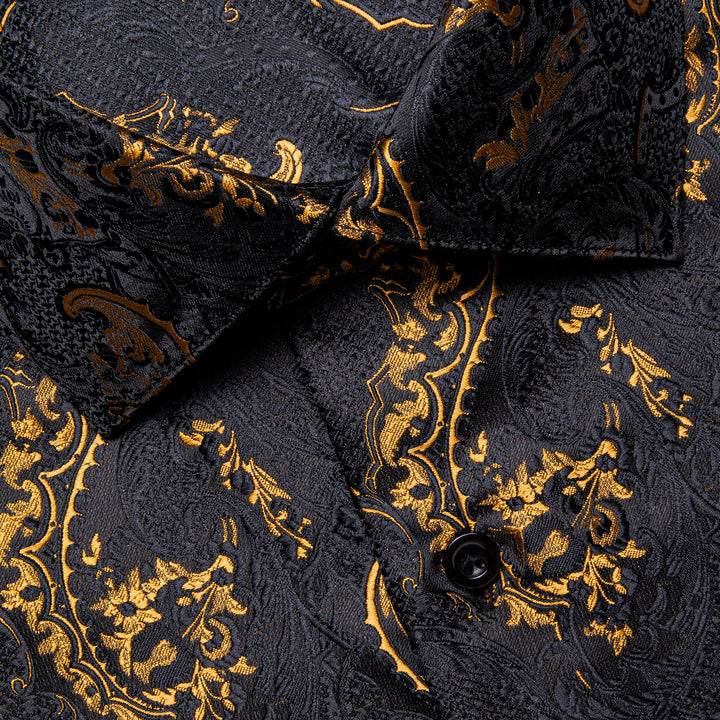 Black Golden Floral Silk Men's Long Sleeve trending shirts for men