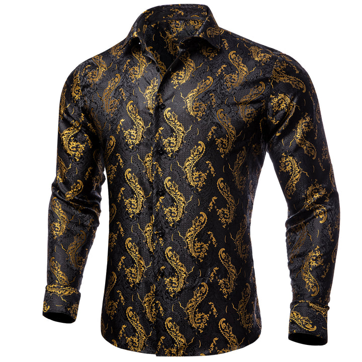 Black Golden Floral Silk Men's Long Sleeve Shirt