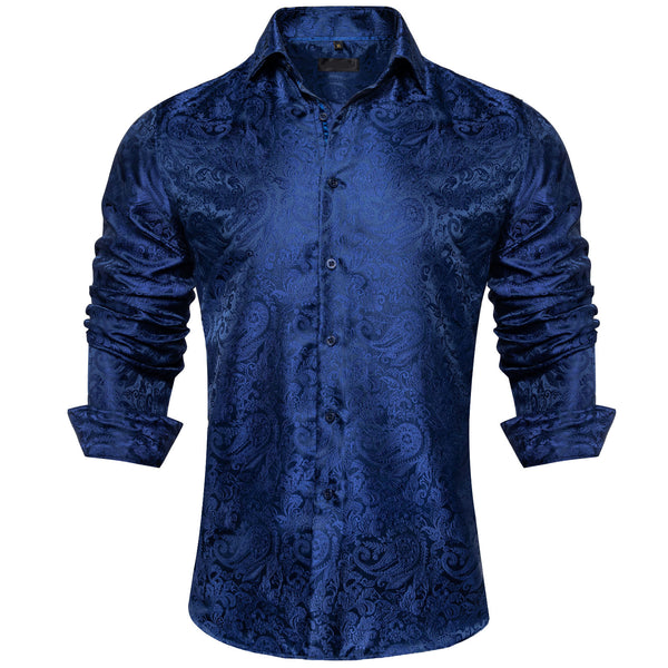 New Dark Blue Paisley Silk Men's Long Sleeve Shirt