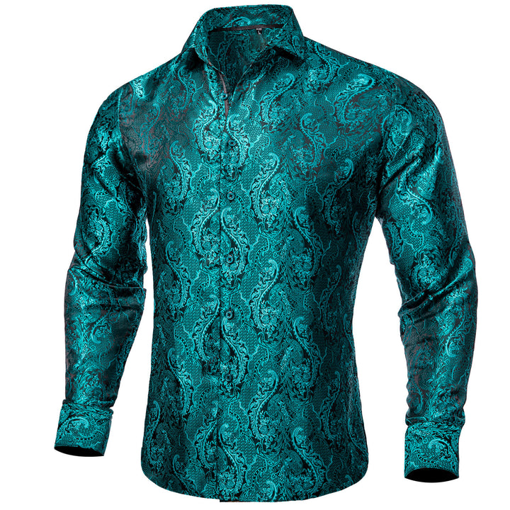 New Dark Cyan Floral Silk Men's Long Sleeve Shirt – ties2you