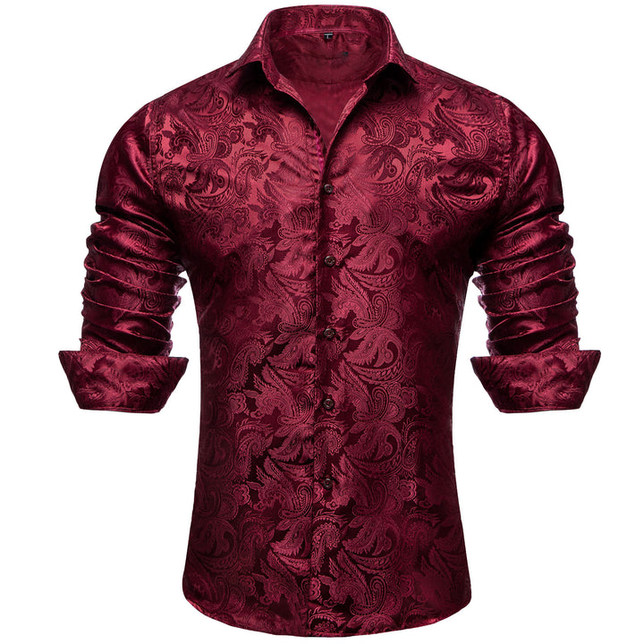 Red Black Paisley Silk Men's Long Sleeve dress shirt for men