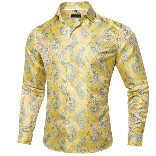 Yellow Light Blue Floral Pattern Silk Men's Long Sleeve Shirt