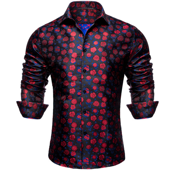 Black Red Rose Floral Silk Men's Long Sleeve Shirt