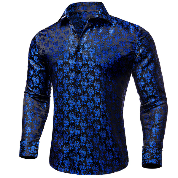Black Blue Rose Floral Silk Men's Long Sleeve Shirt