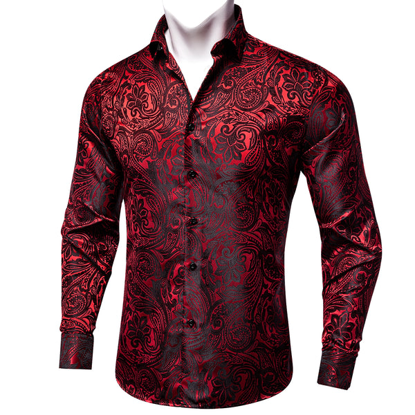 Dark Red Paisley Long Sleeve mens button down Shirt