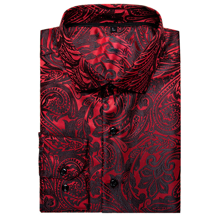 Dark Red Paisley Men's Long Sleeve red button down
