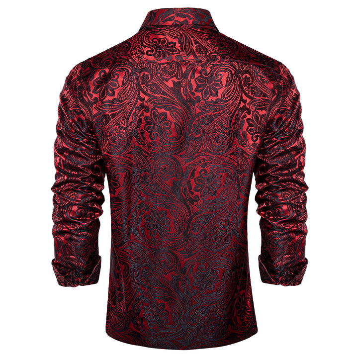 Dark Red Paisley Men's Long Sleeve silk button up shirt