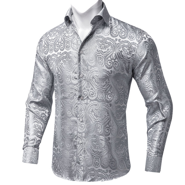 Silver White Floral Silk Men's Long Sleeve Shirt