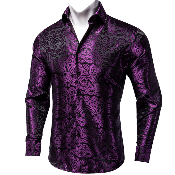 Black Purple Floral Silk Men's Long Sleeve Shirt – ties2you