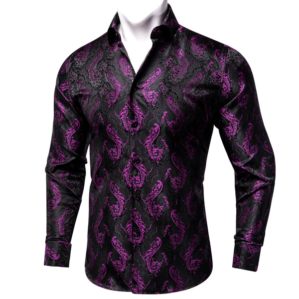 Black Purple Paisley Silk Men's Long Sleeve Shirt