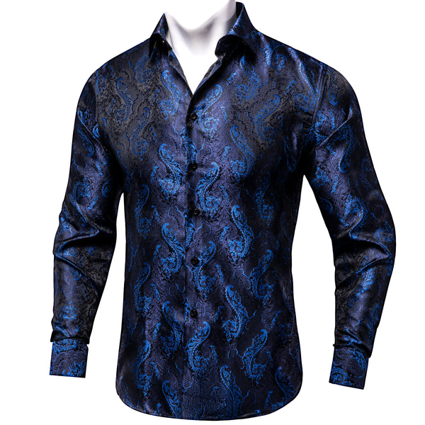 Dark Blue Paisley Silk Men's Long Sleeve Shirt