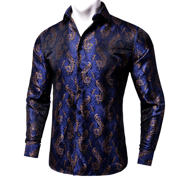 Dark Blue Brown Paisley Silk Men's Long Sleeve Shirt