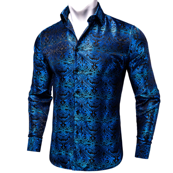 Black Gradient Blue Paisley Silk Men's Long Sleeve Shirt