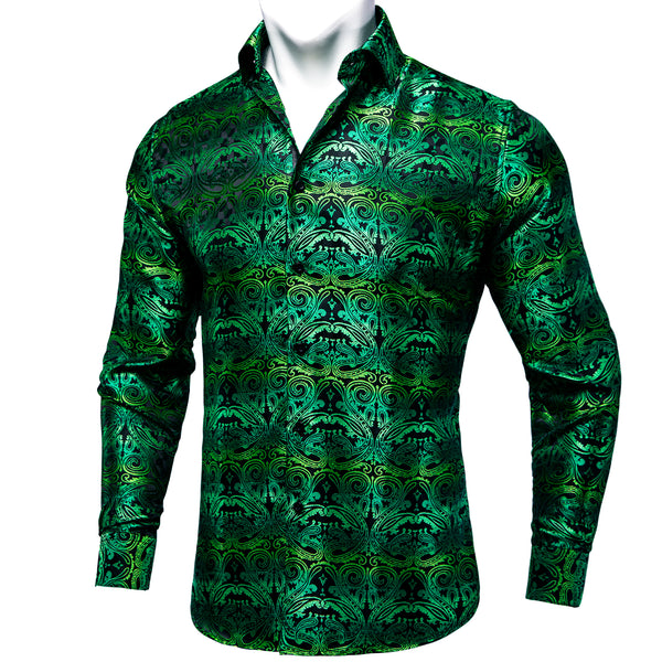 Black Gradient Green Paisley Silk Men's Long Sleeve Shirt