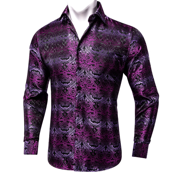 Black Gradient Purple Paisley Silk Men's Long Sleeve Shirt