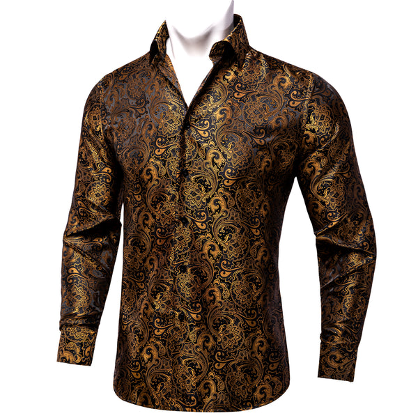 Black Golden Floral Silk Men's Long Sleeve Shirt