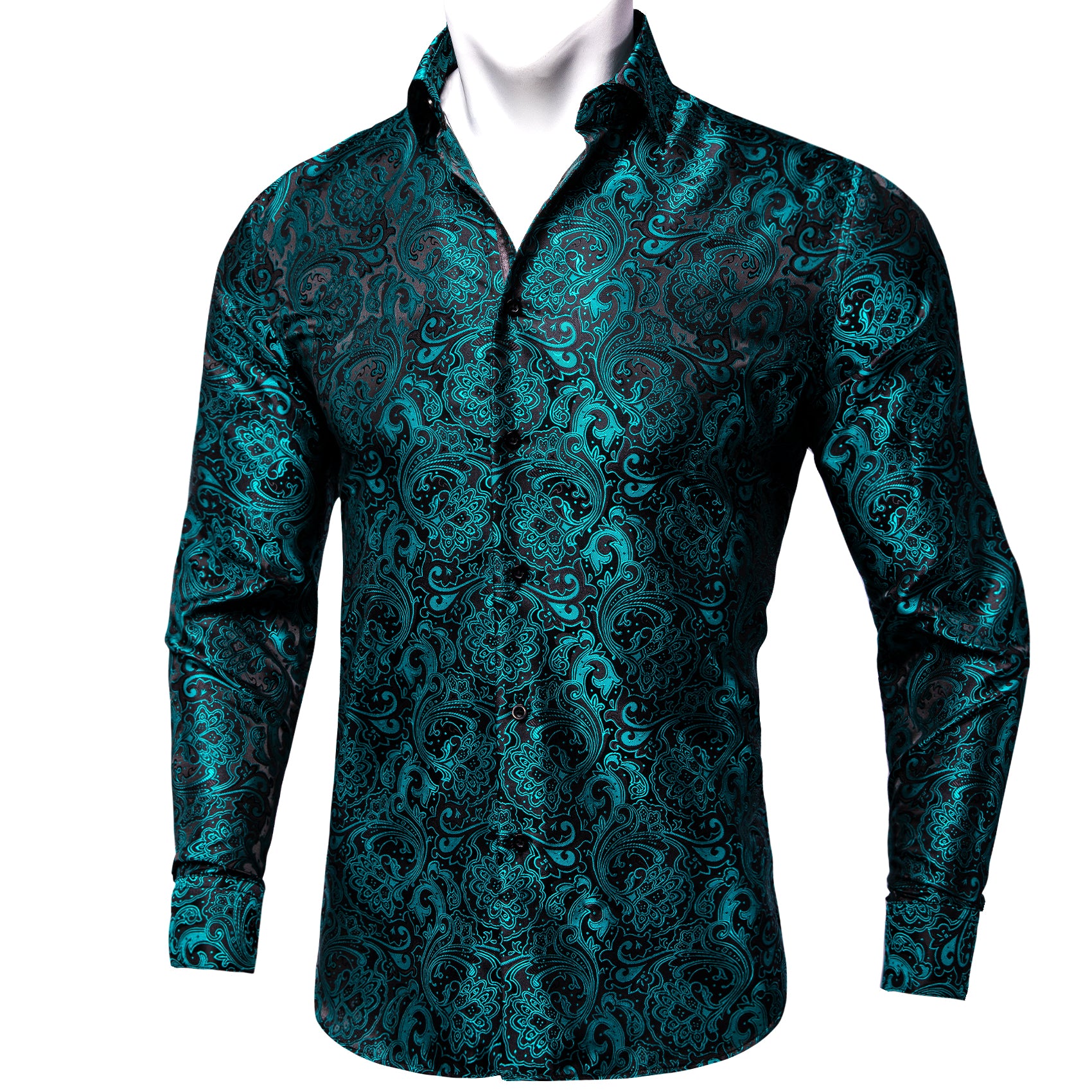 Black Teal Blue Floral Silk Men's Long Sleeve Shirt – ties2you