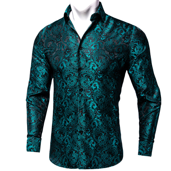 Black Teal Blue Floral Silk Men's Long Sleeve Shirt