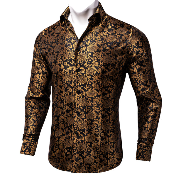 Golden Brown Floral Silk Men's Long Sleeve Shirt