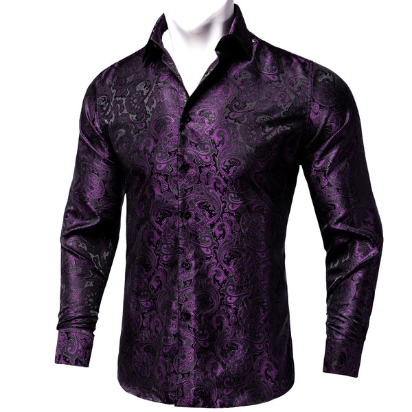 Dark Purple Floral Silk Men's Long Sleeve Shirt
