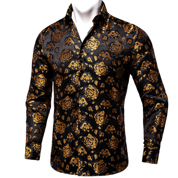 Black Golden Peony Floral Silk Men's Long Sleeve Shirt