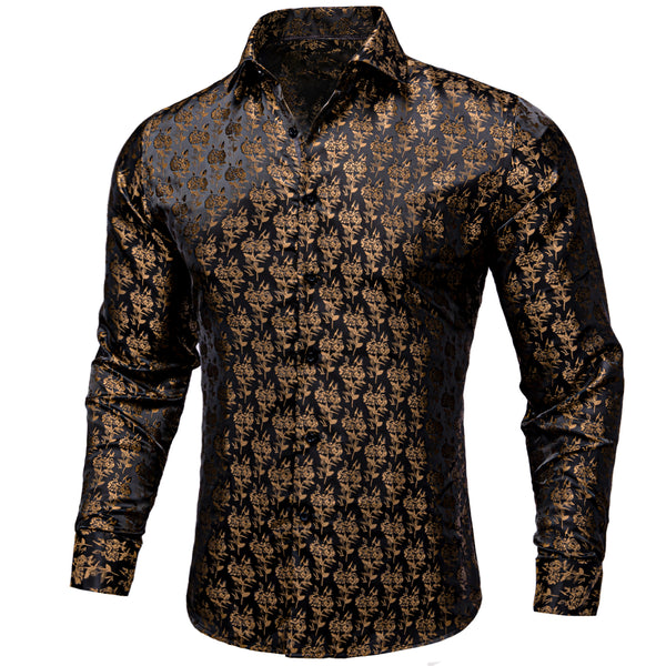 Black Brown Floral Pattern Silk Men's Long Sleeve Shirt
