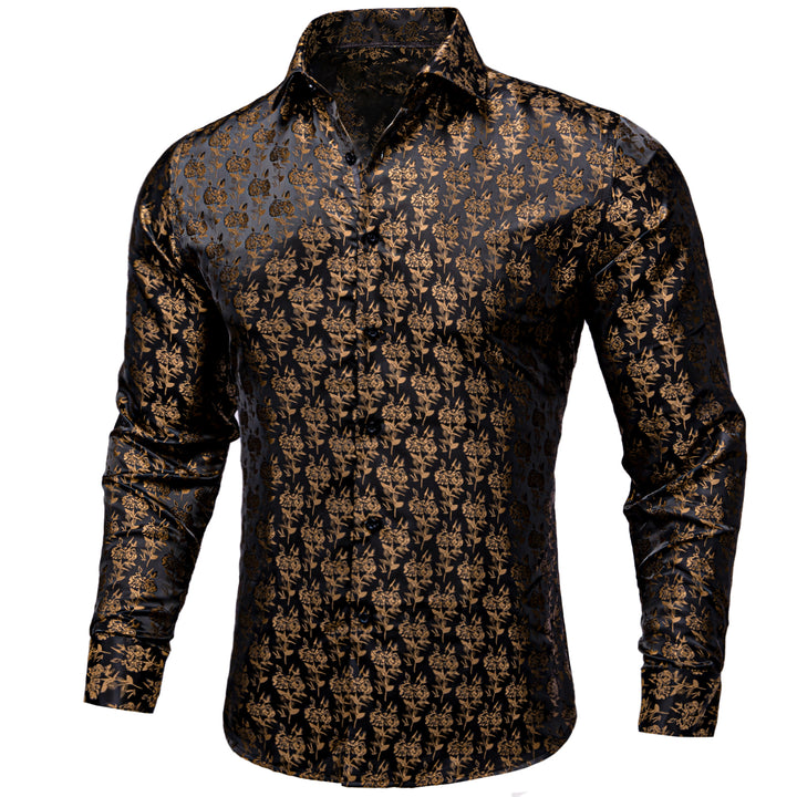 Black Brown Floral Pattern Silk Men's Long Sleeve Shirt – ties2you