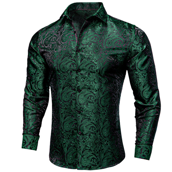 Ties2you Long Sleeve Shirt Dark Green Paisley Silk Shirt for men