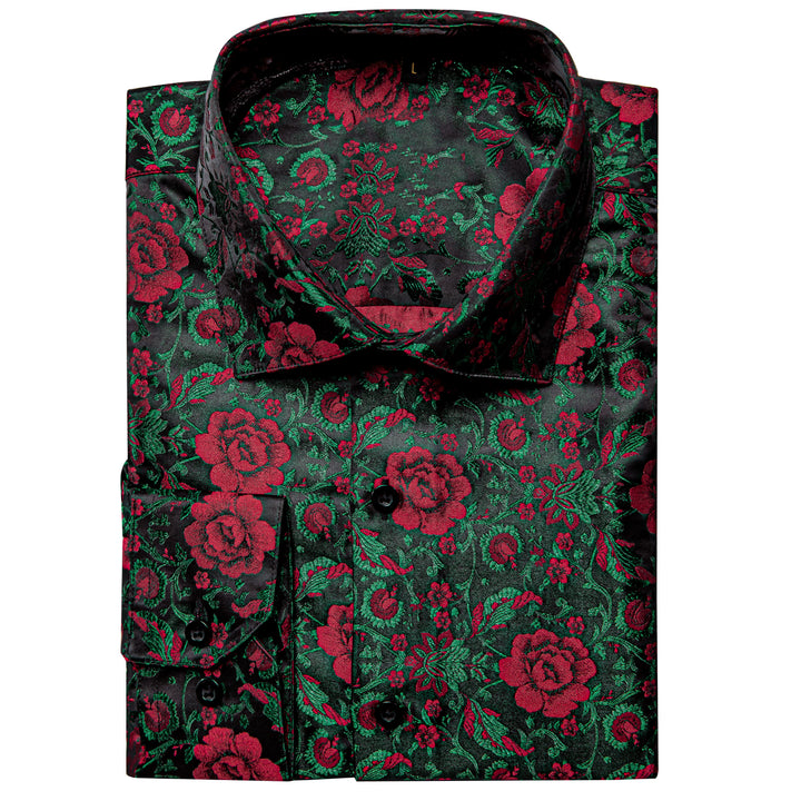 Dark Green Red Floral Pattern Silk Men's Long Sleeve Shirt