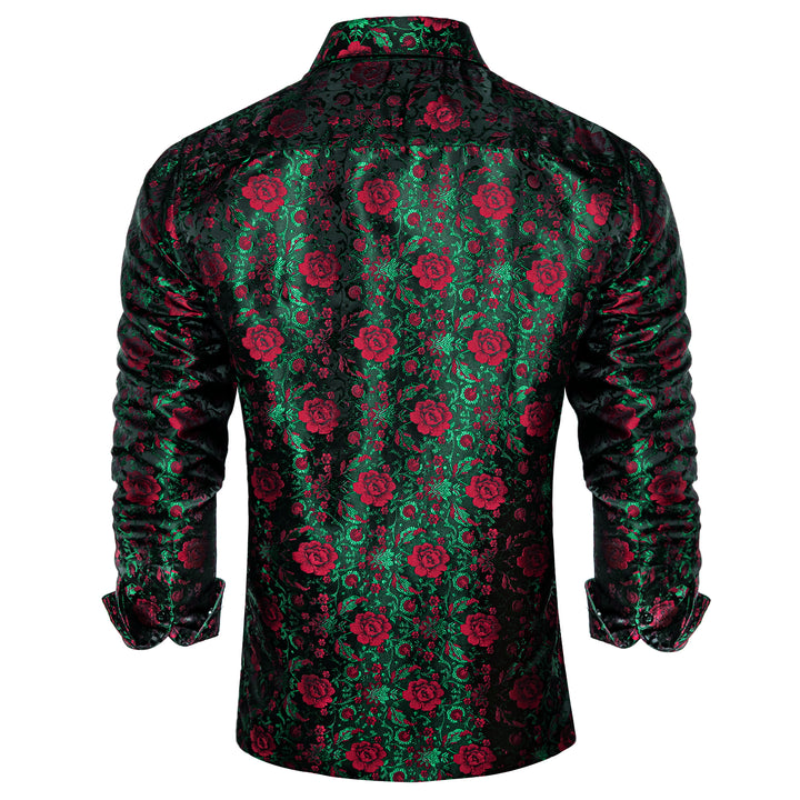 Dark Green Red Floral Pattern Silk Men's Long Sleeve Shirt