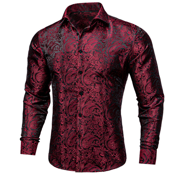 Dark Red Paisley Silk Men's Long Sleeve Shirt