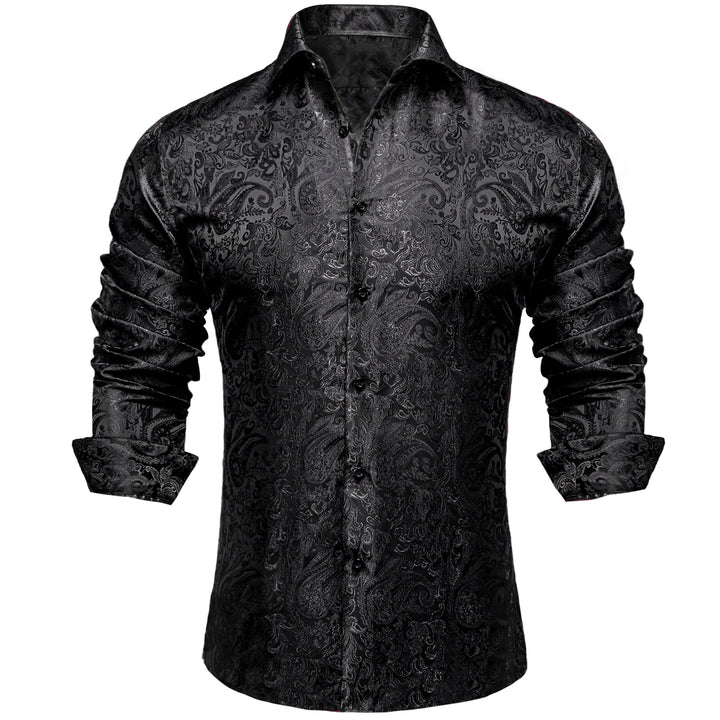 Black Paisley Pattern Silk Men's Long Sleeve Shirt