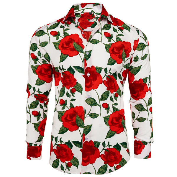 New White Red-rose Floral Men's Long Sleeve Shirt