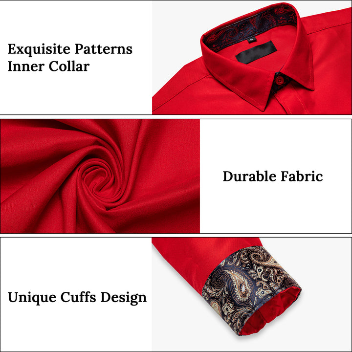 Red Black Paisley Stitching Silk Long Sleeve red button down shirt mens