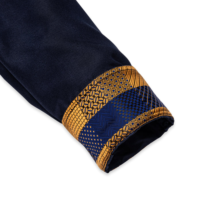 Ties2you Button Down Shirt Mens Navy Blue Gold Silk Long Sleeve Shirt ties2you Ties2you Button Down Shirt Mens Navy Blue Gold Silk Long Sleeve Shirt ties2you