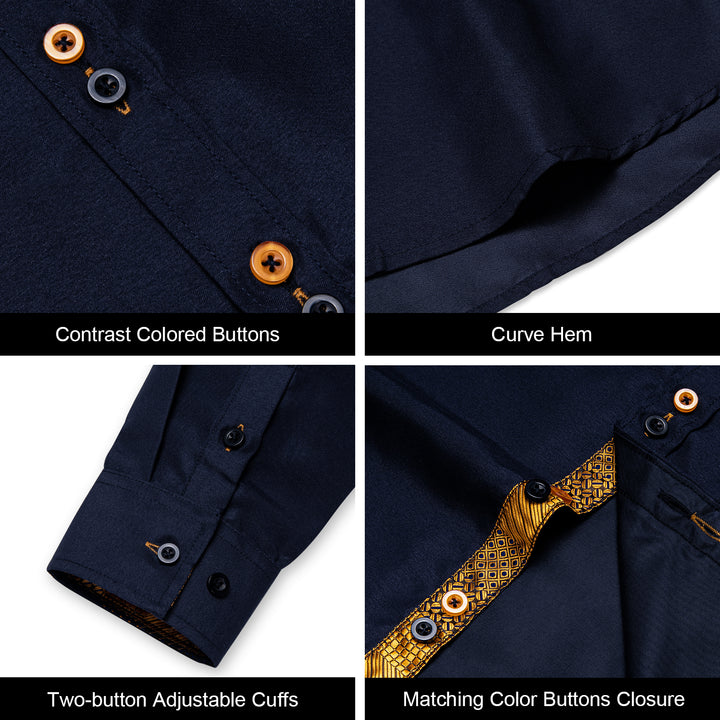 solid Stitching gold mens silk blue dress shirt