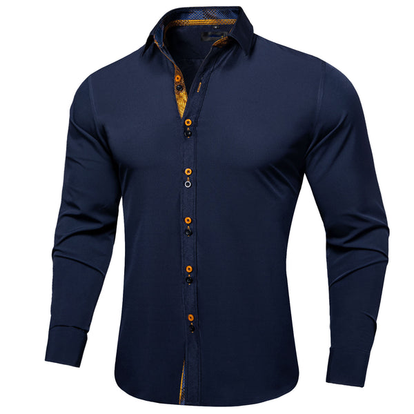 Deep Blue Golden Stitching Silk Men's Long Sleeve Shirt