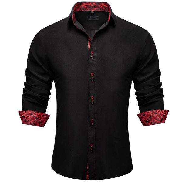 Ties2you Button Down Shirt Black Red Paisley Stitching Silk Men's Long Sleeve Shirt