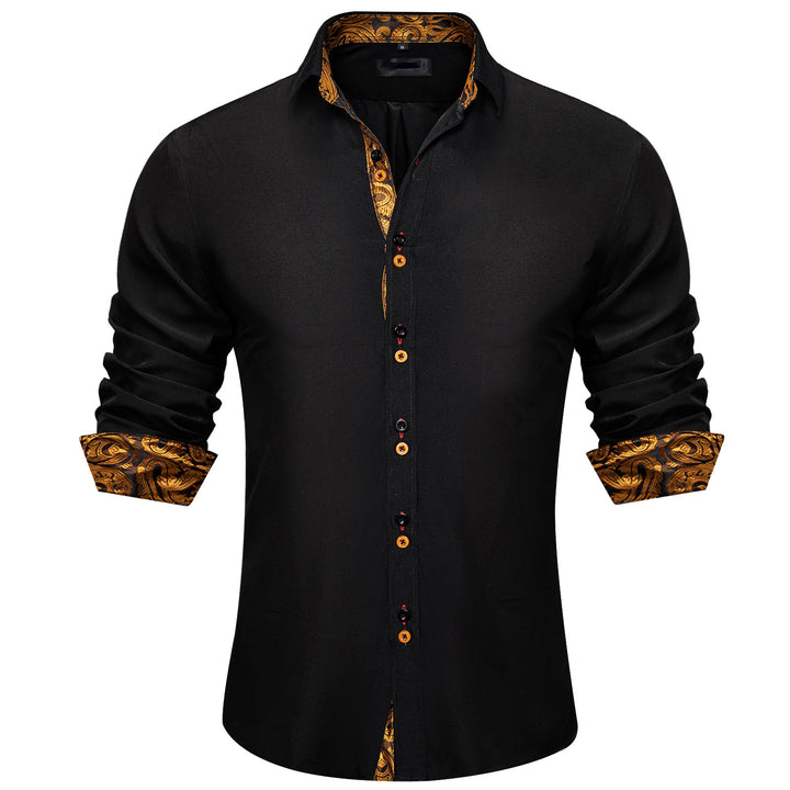 Black Gold Paisley Stitching Silk Long Sleeve men's black button up shirt