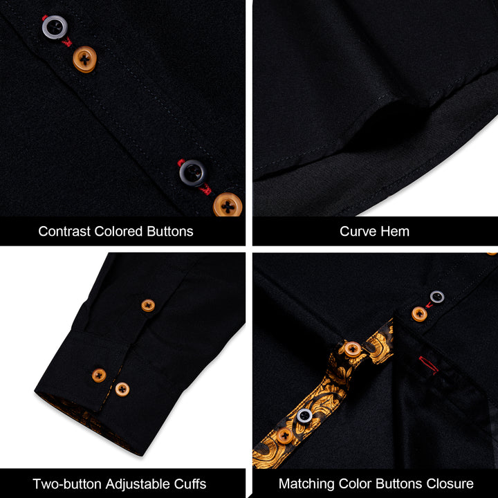 Black Gold Paisley Stitching Silk Men's Long Sleeve cotton button up shirt