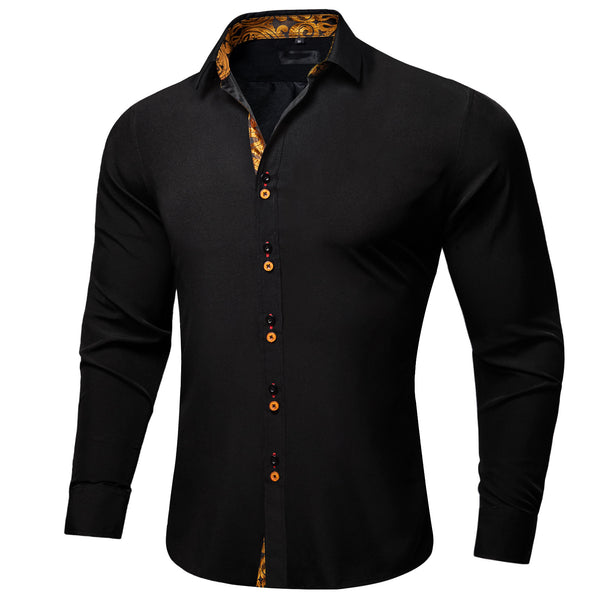 Black Golden Paisley Stitching Silk Men's Long Sleeve Shirt