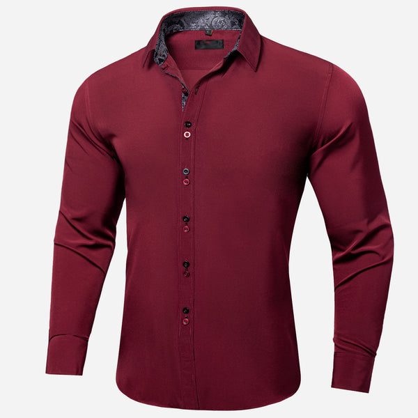 Burgundy Black Paisley Stitching Silk Men's Long Sleeve Shirt