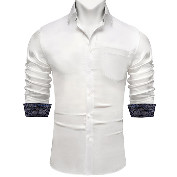 Splicing Style White with Royal Blue Paisley Edge Men's Solid Long Sleeve Shirt