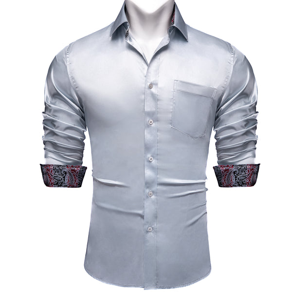 Splicing Style Silver Grey with Black Paisley Edge Men's Solid Long Sleeve Shirt