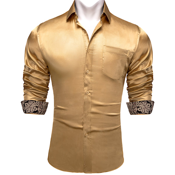 Splicing Style Champagne Yellow with Black Paisley Edge Men's Solid Long Sleeve Shirt
