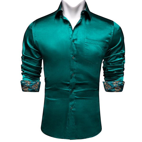 Splicing Style Green with Green Paisley Edge Men's Solid Long Sleeve Shirt