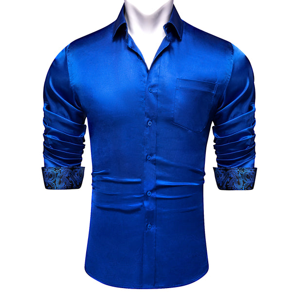 Splicing Style Royal Blue with Blue Paisley Edge Men's Solid Long Sleeve Shirt