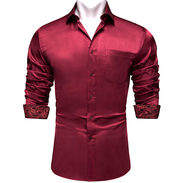 Splicing Style Burgundy Red with Red Paisley Edge Men's Solid Long Sleeve Shirt